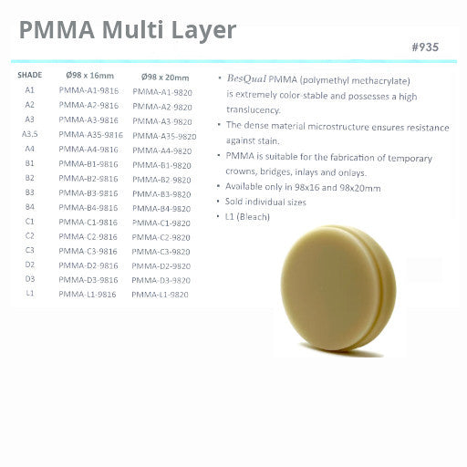CAD CAM PMMA Multi Layer Ø98 x 16 mm
